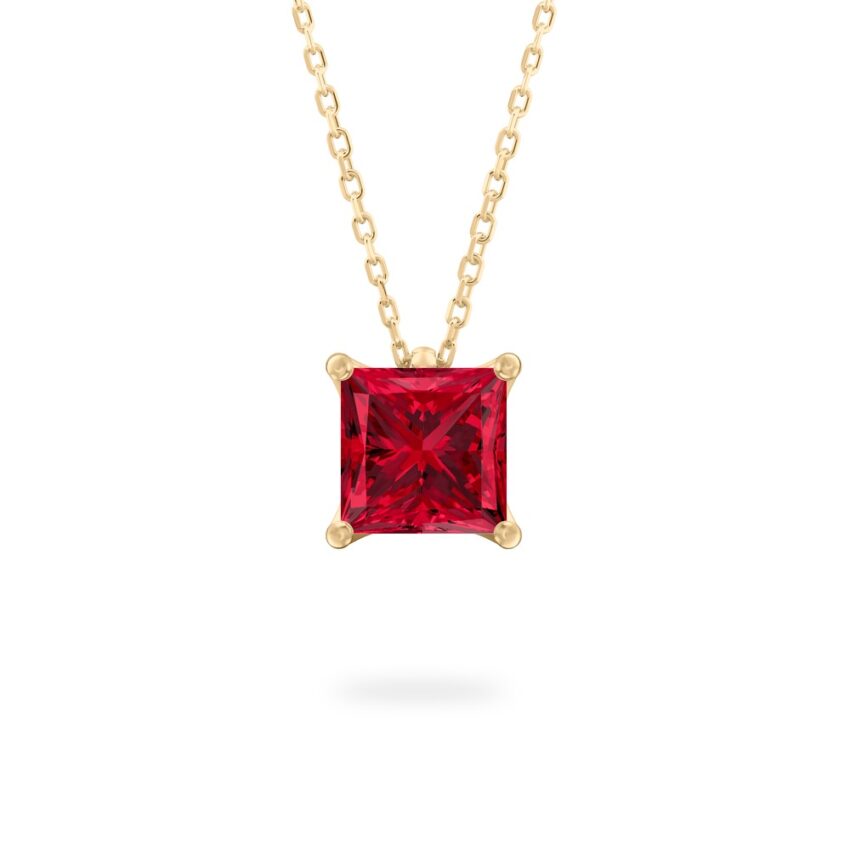 princess cut ruby necklace in yellow gold