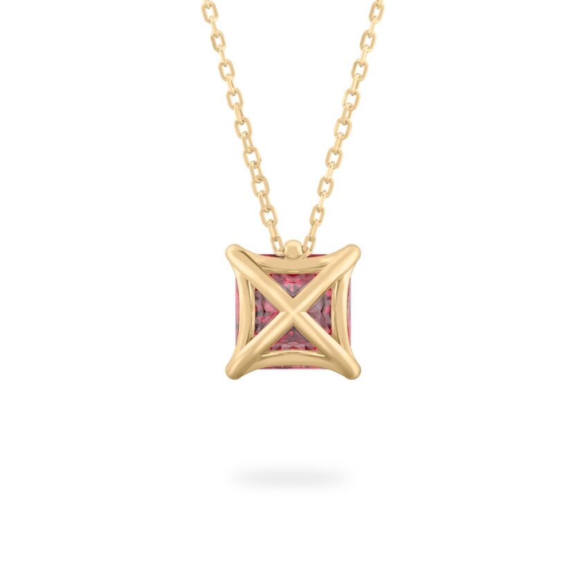 back view of princess cut ruby necklace in yellow gold