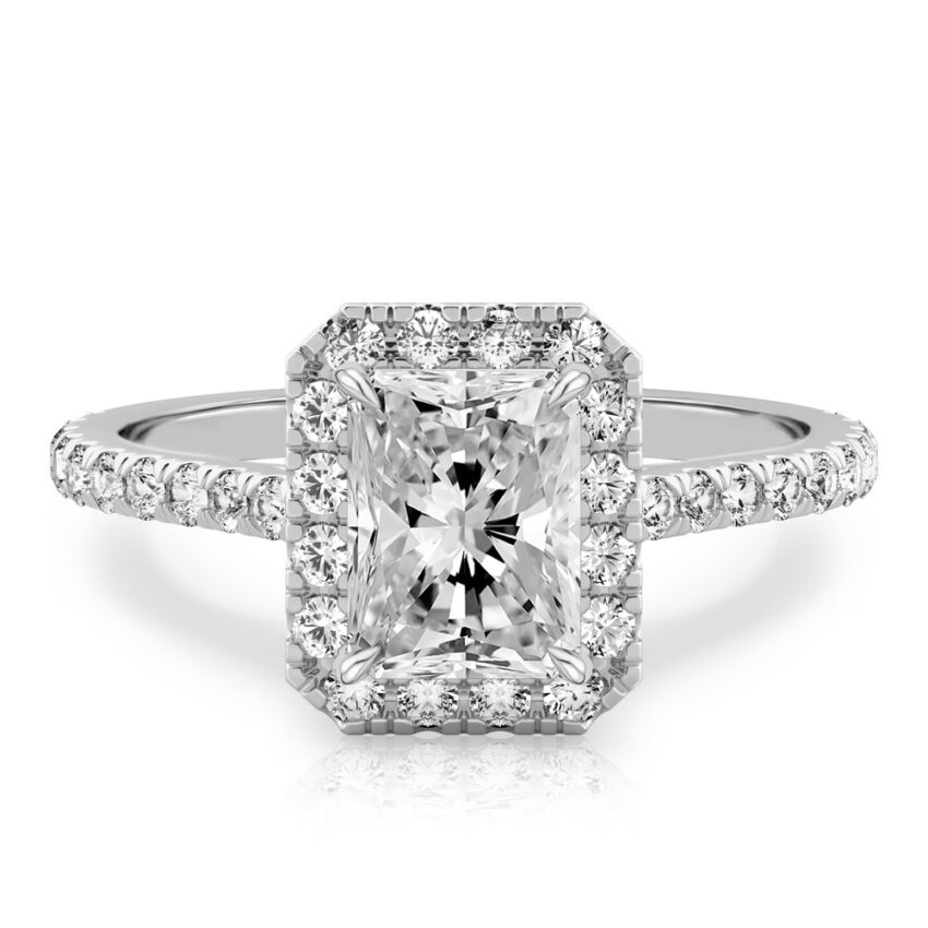 radiant cut diamond cushion halo engagement ring platinum