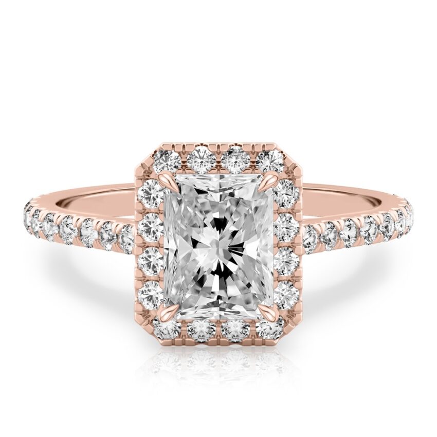 radiant cut diamond cushion halo engagement ring rose gold