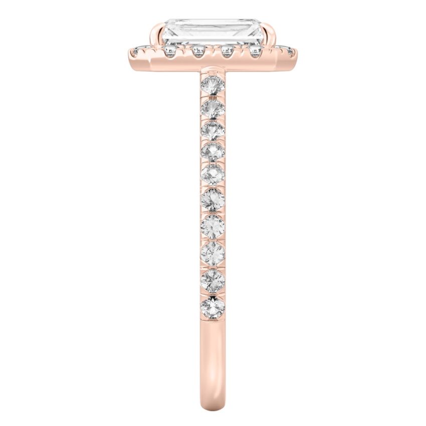 Side view of radiant cut diamond cushion halo engagement ring rose gold