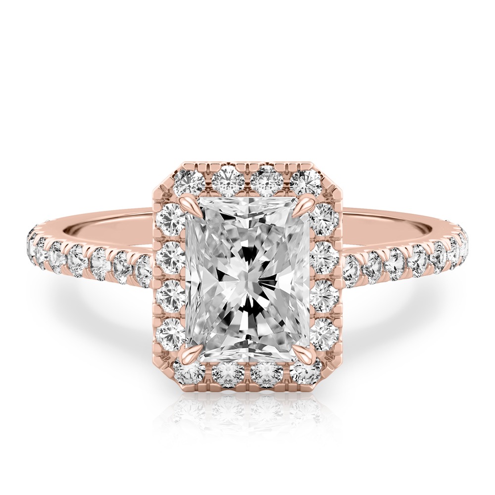 radiant cut diamond cushion halo engagement ring rose gold