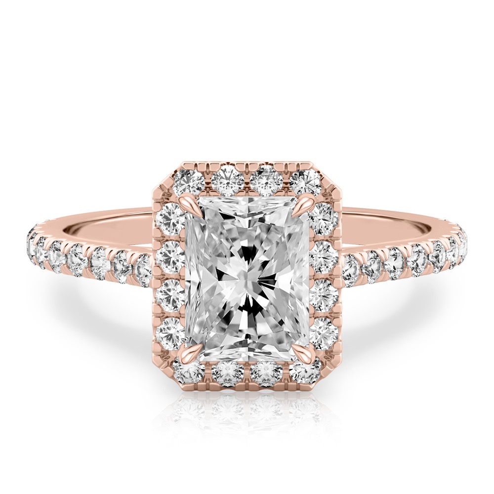 radiant cut diamond cushion halo engagement ring rose gold