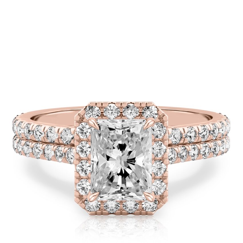 radiant cut diamond cushion halo engagement ring set in rose gold