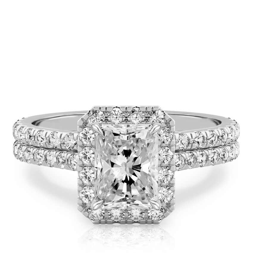 radiant cut diamond cushion halo engagement ring set in white gold