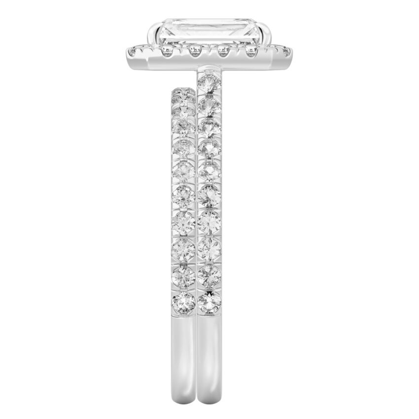 Side view of radiant cut diamond cushion halo engagement ring set white gold