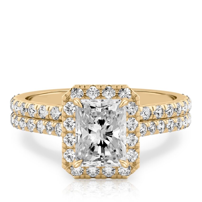 radiant cut diamond cushion halo engagement ring set in yellow gold