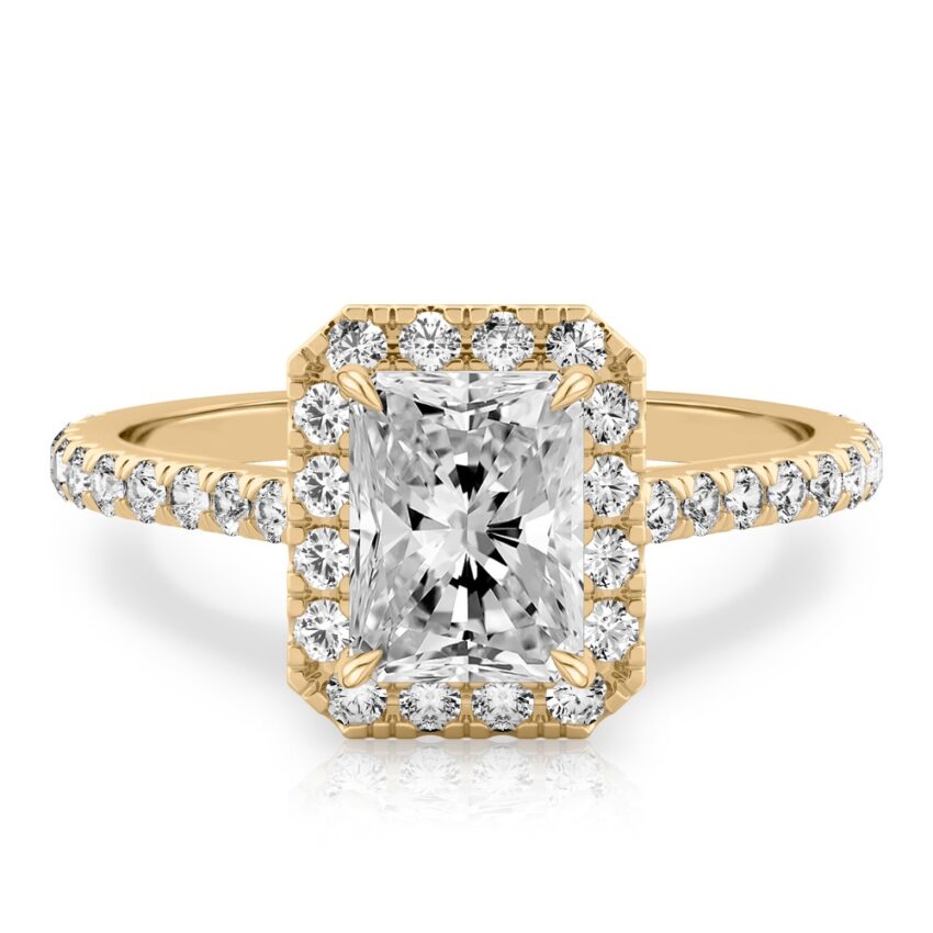 radiant cut diamond cushion halo engagement ring yellow gold