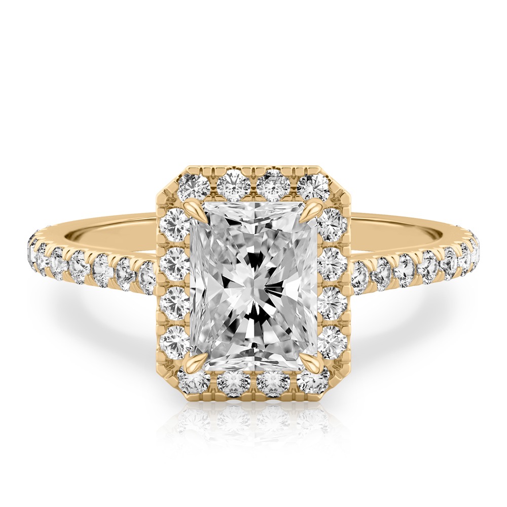 radiant cut diamond cushion halo engagement ring yellow gold