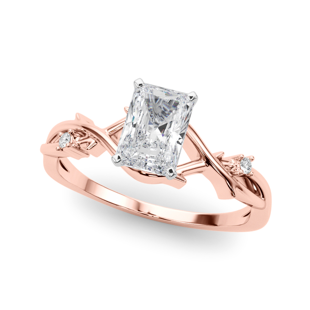 Angle view of radiant cut diamond thorn engagement ring rose gold