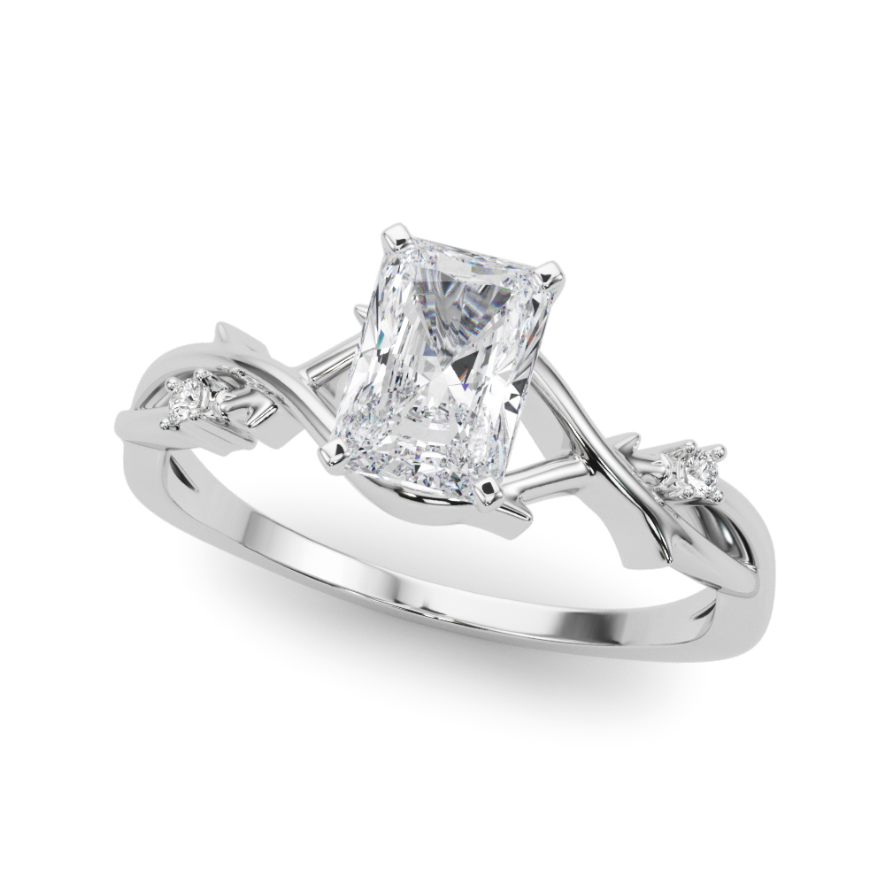 Angle view of radiant cut diamond thorn engagement ring white gold