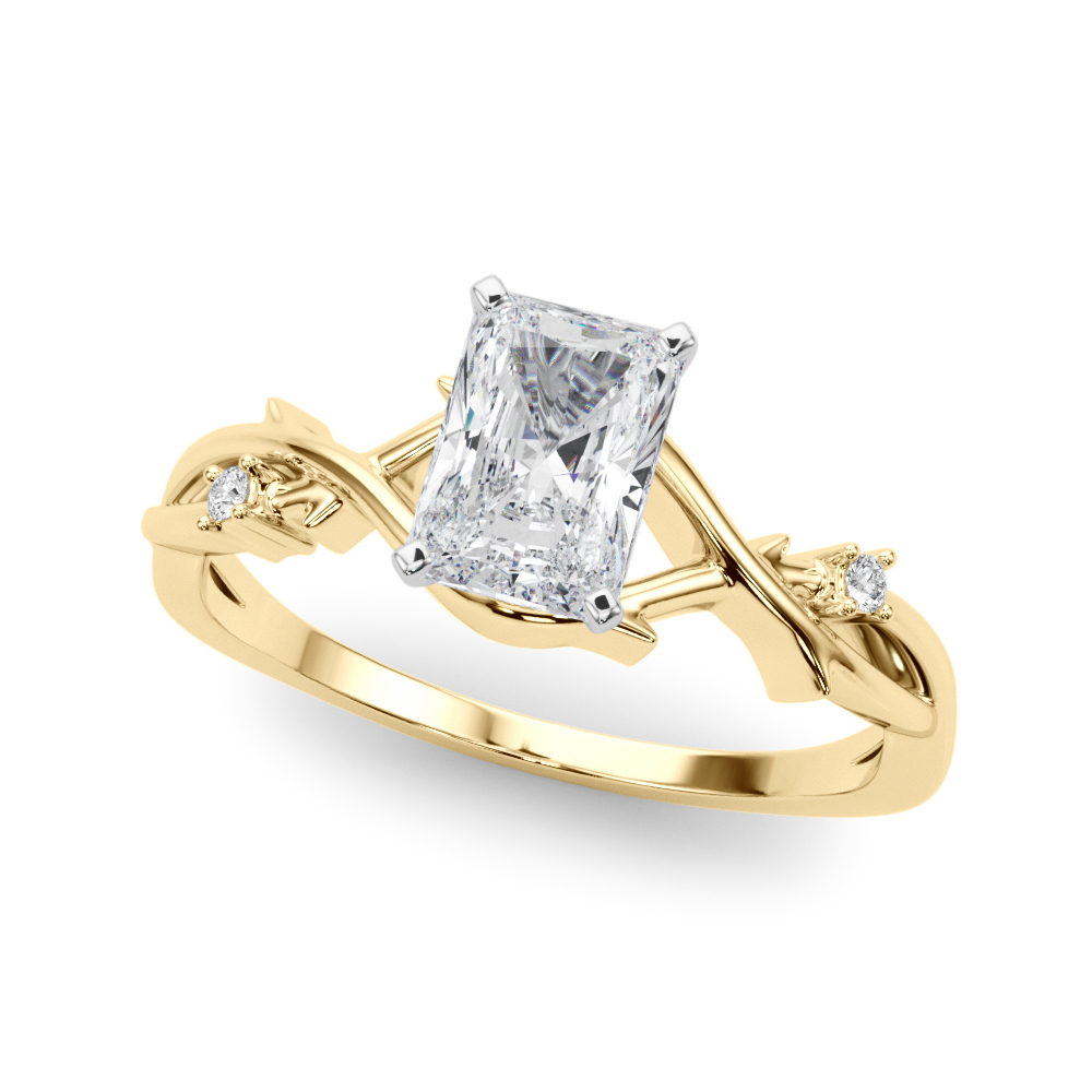 Angle view of radiant cut diamond thorn engagement ring yellow gold