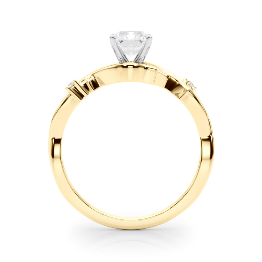 Side view of radiant cut diamond thorn engagement ring yellow gold