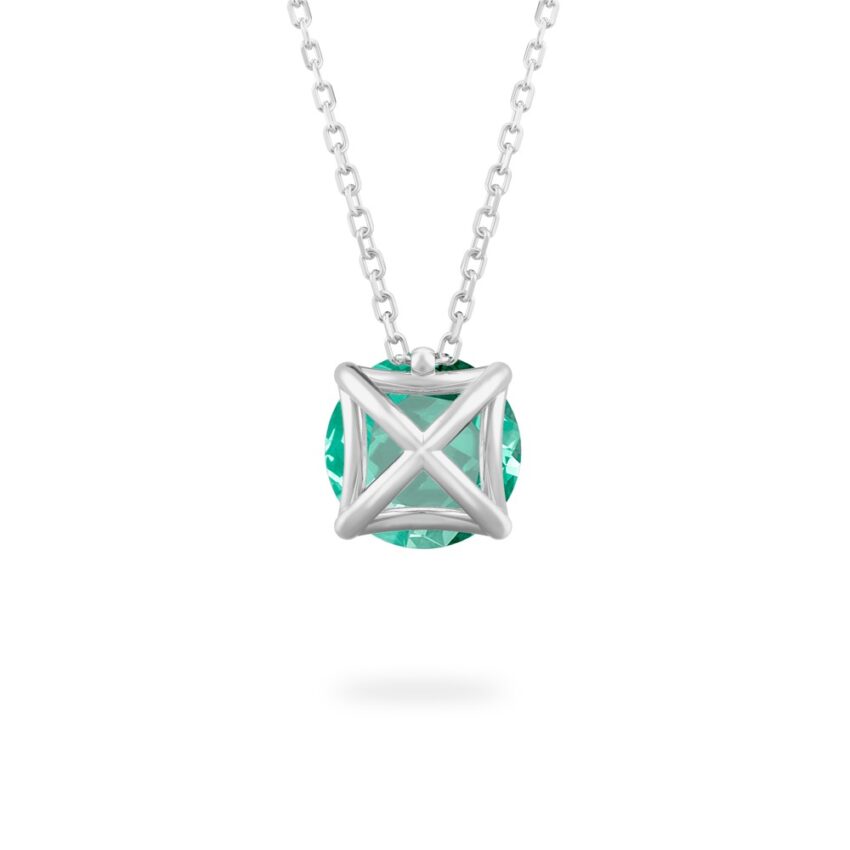back view of round cut august birthstone necklace in white gold