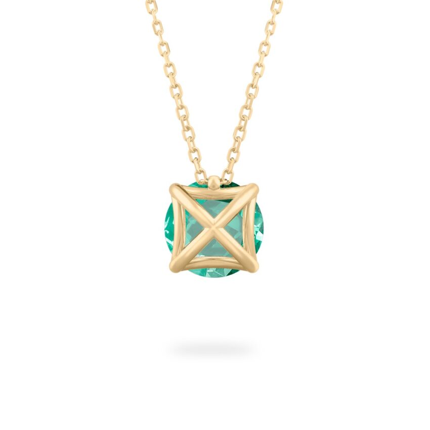 back view of round cut august birthstone necklace in yellow gold
