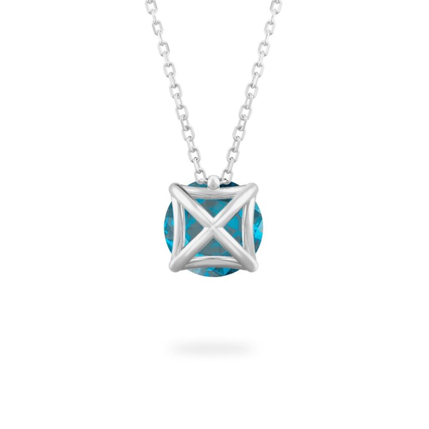back view of round cut december birthstone necklace in platinum