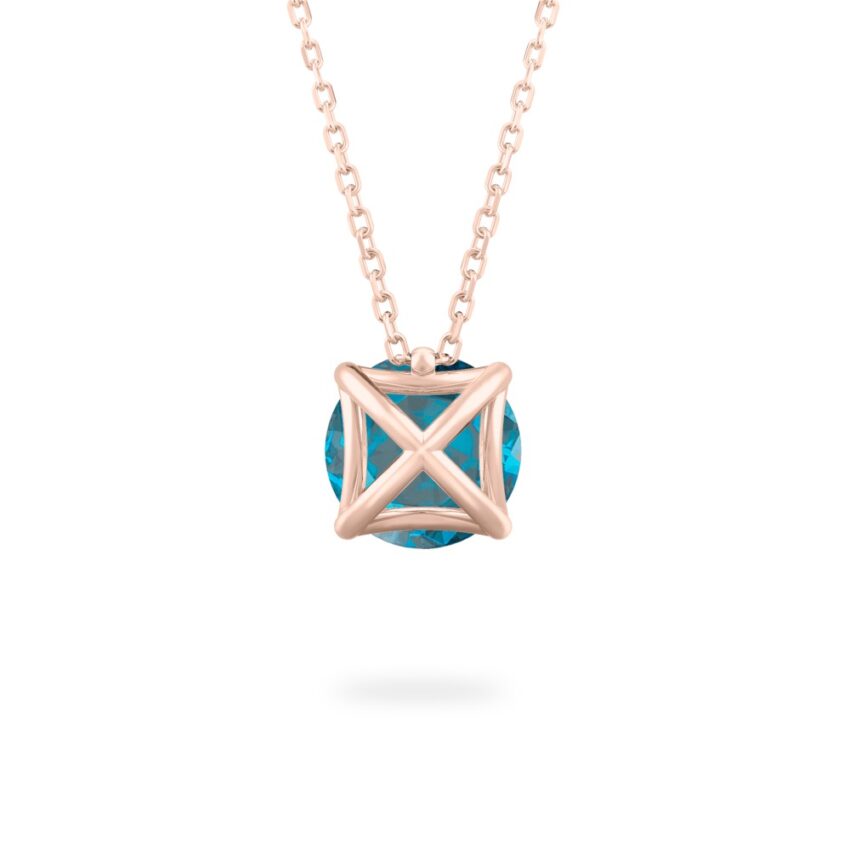 back view of round cut december birthstone necklace in rose gold