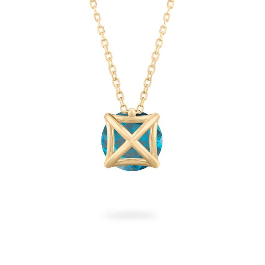 back view of round cut december birthstone necklace in yellow gold