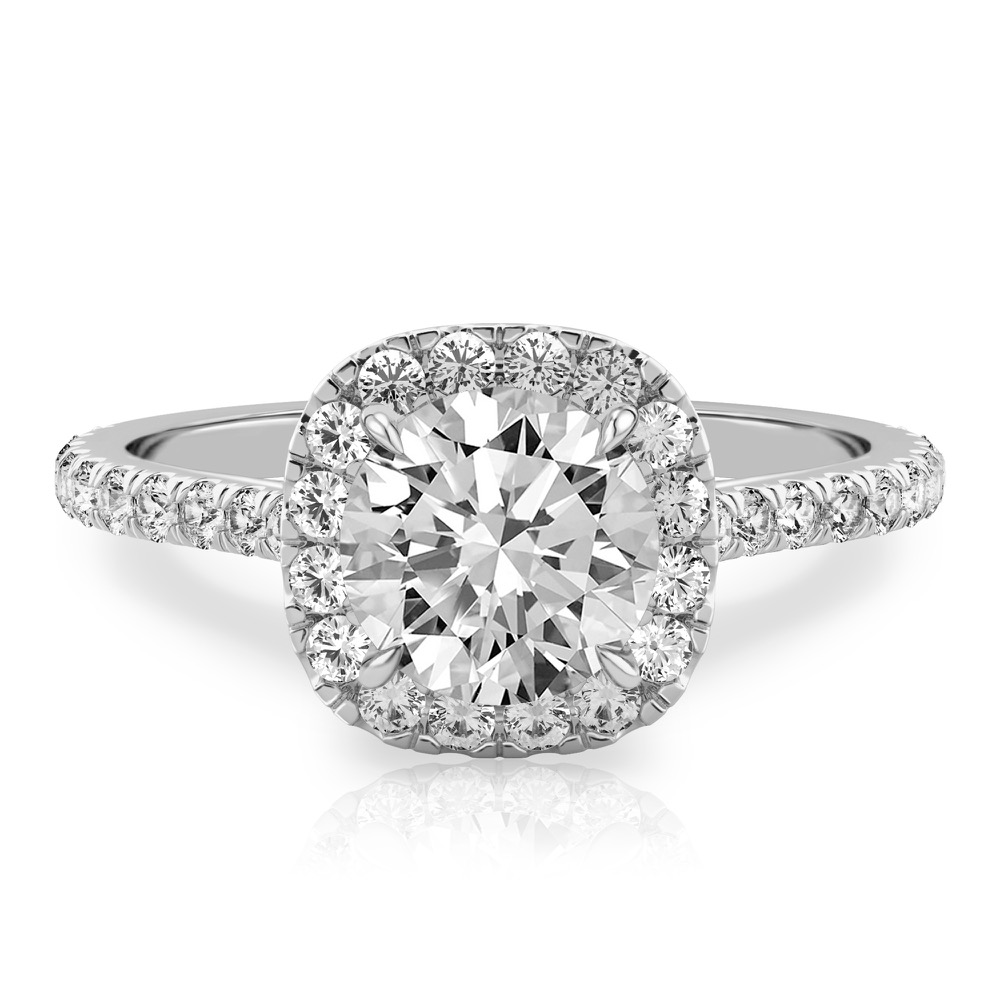 round cut diamond cushion halo engagement ring palladium