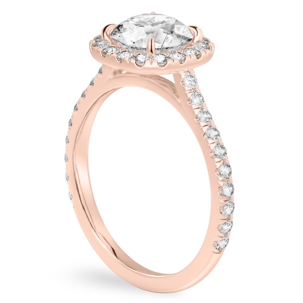 Angle view of round cut diamond cushion halo engagement ring rose gold