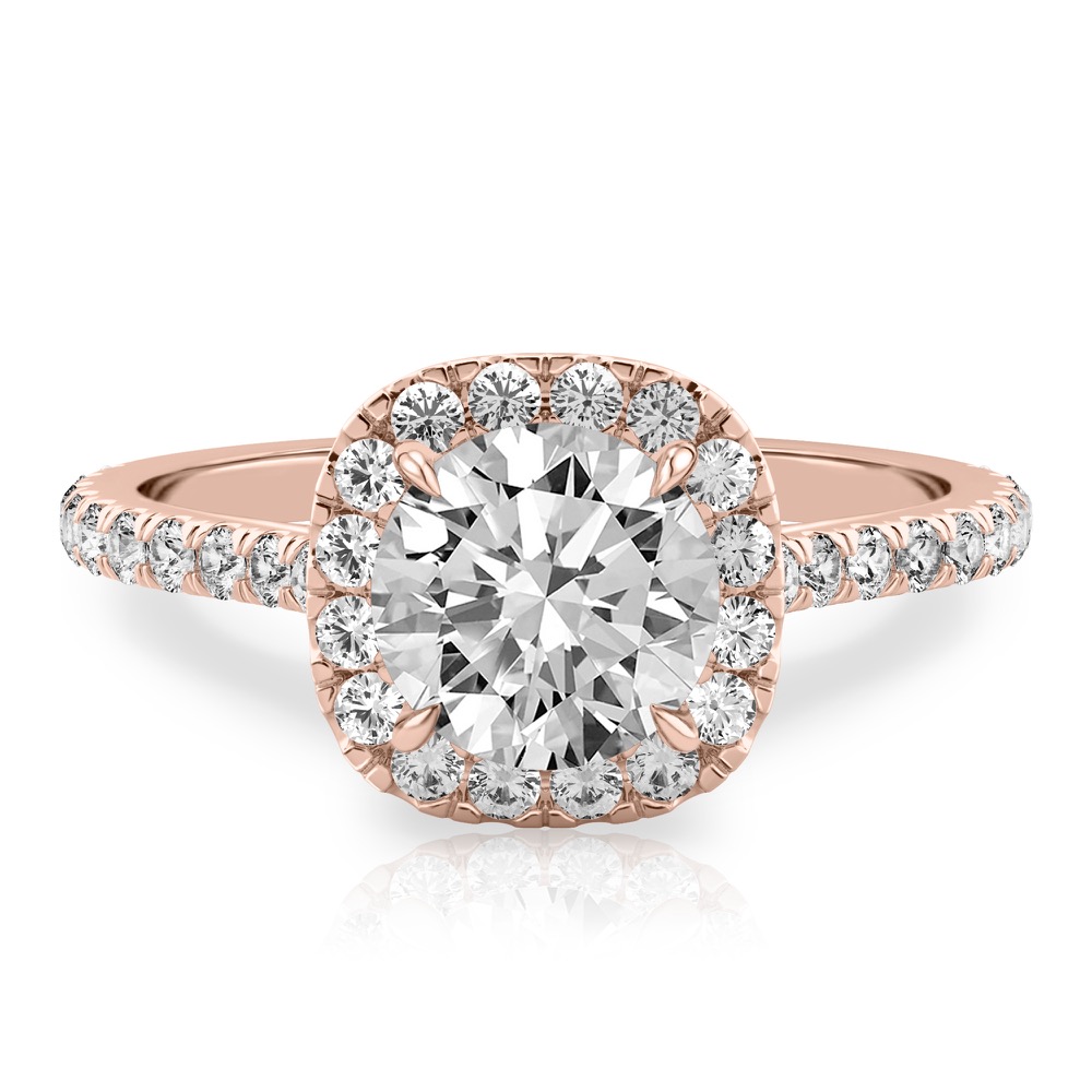 round cut diamond cushion halo engagement ring rose gold