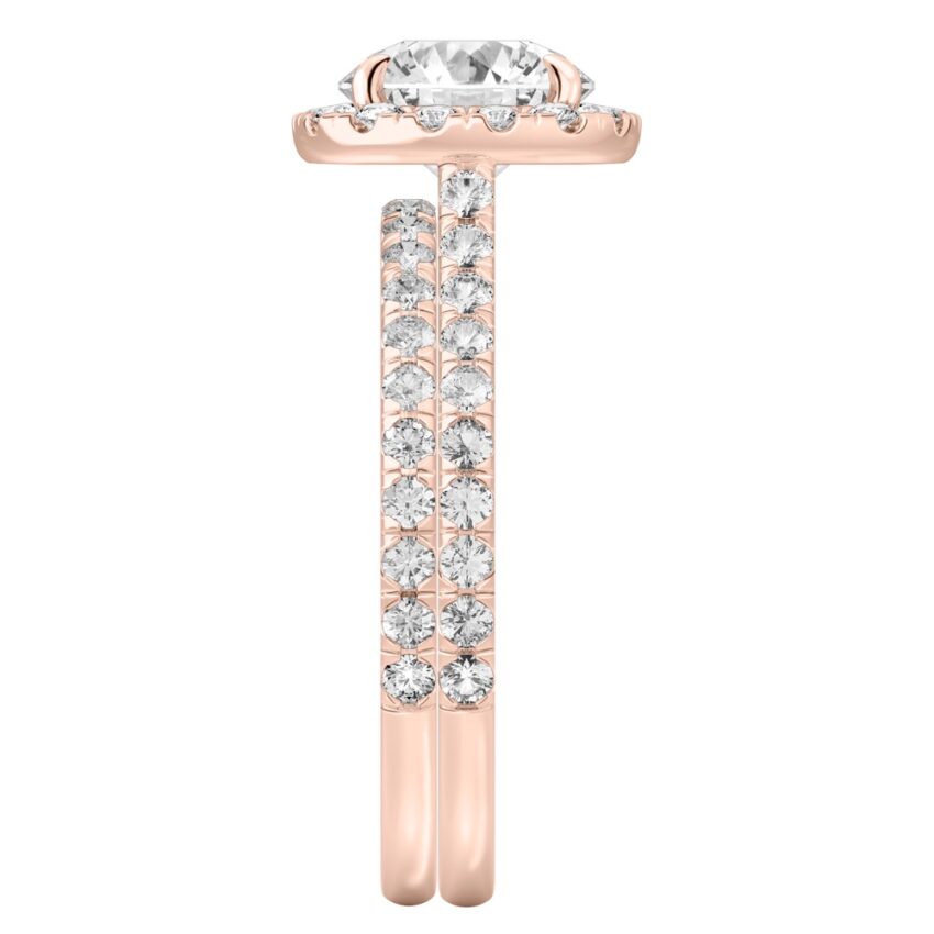 Side view of round cut diamond cushion halo engagement ring set rose gold