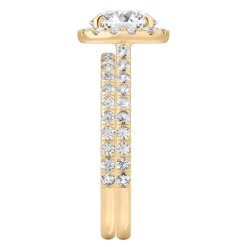 Side view of round cut diamond cushion halo engagement ring set yellow gold