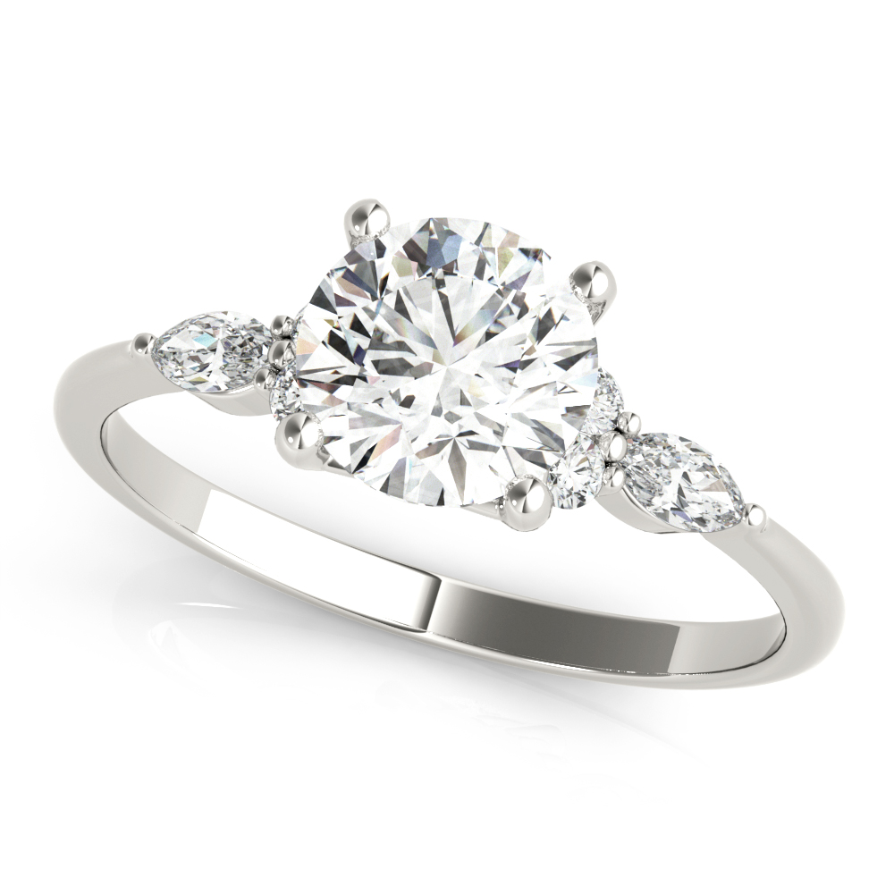 Angle view of round cut diamond marquise and round cluster engagement ring palladium