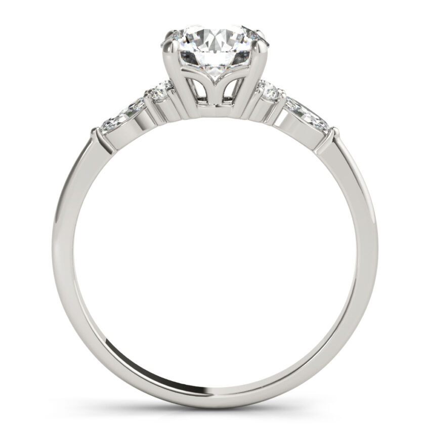 Side view of round cut diamond marquise and round cluster engagement ring platinum