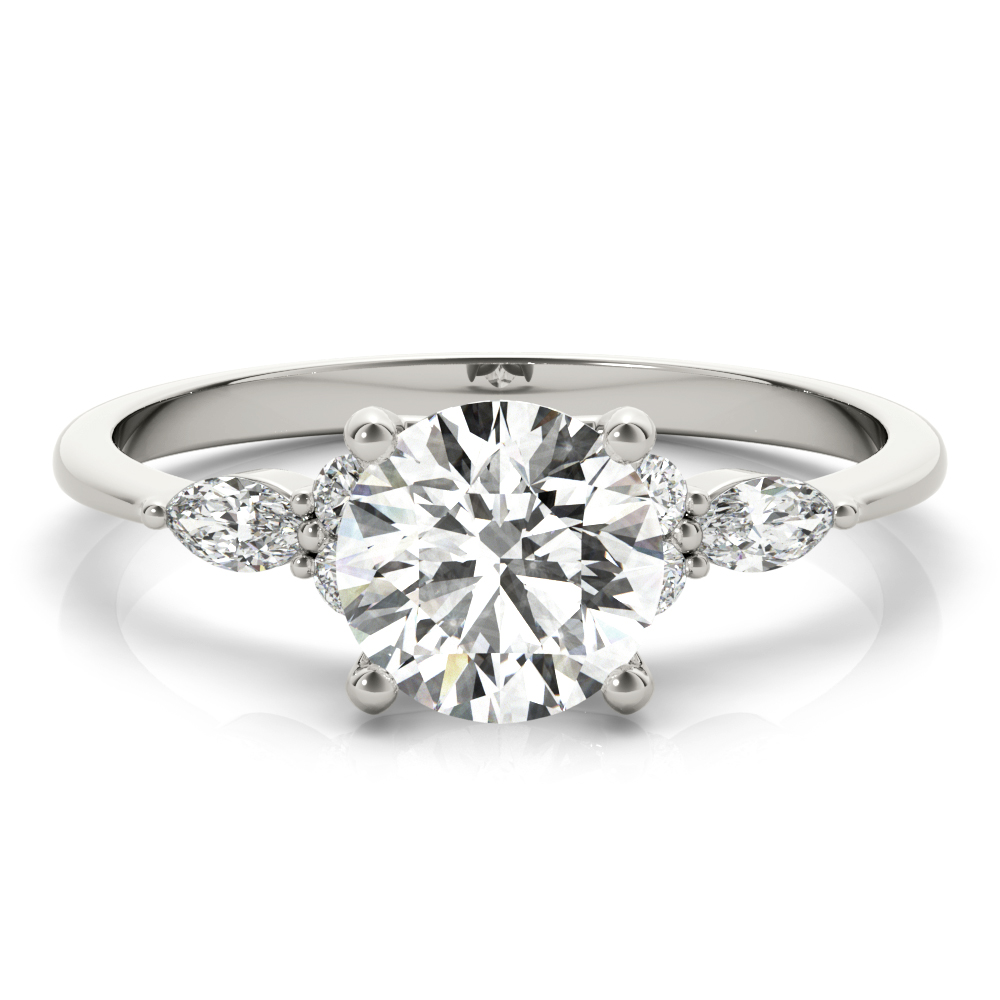 round cut diamond marquise and round cluster engagement ring in platinum