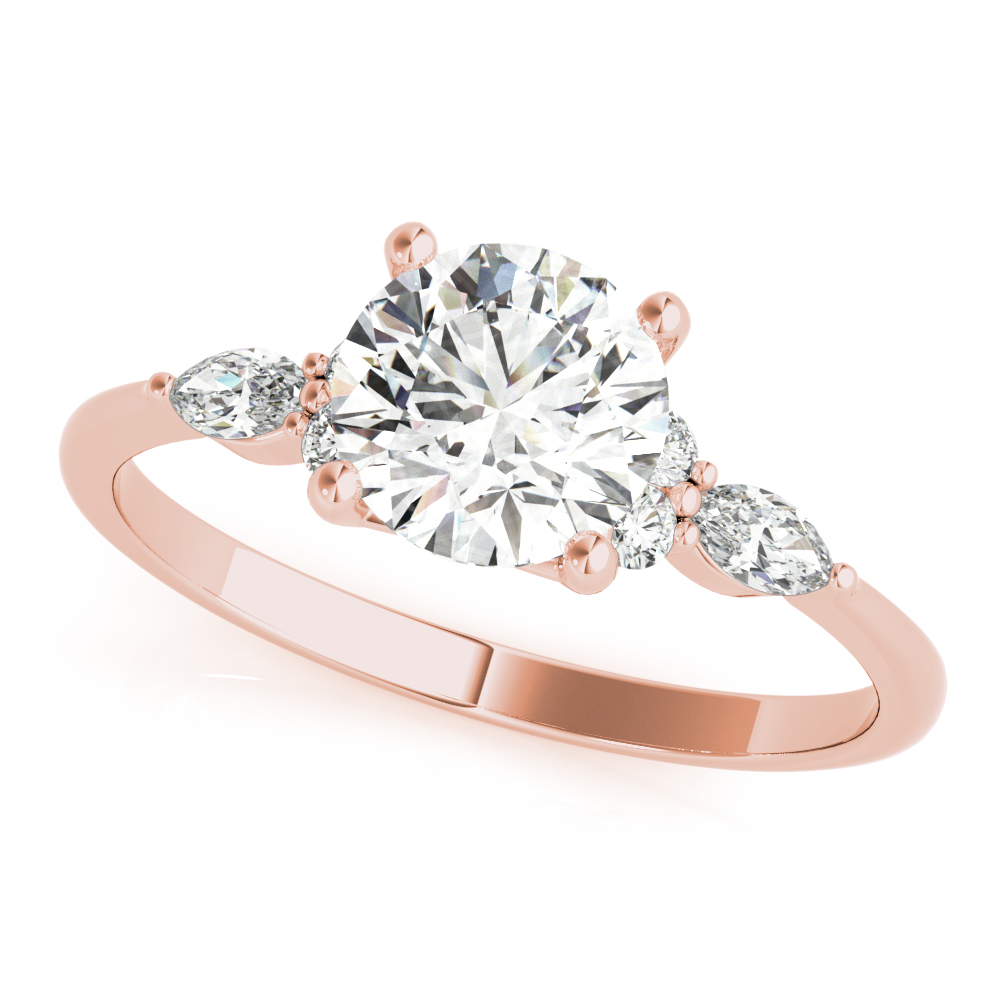 Angle view of round cut diamond marquise and round cluster engagement ring rose gold