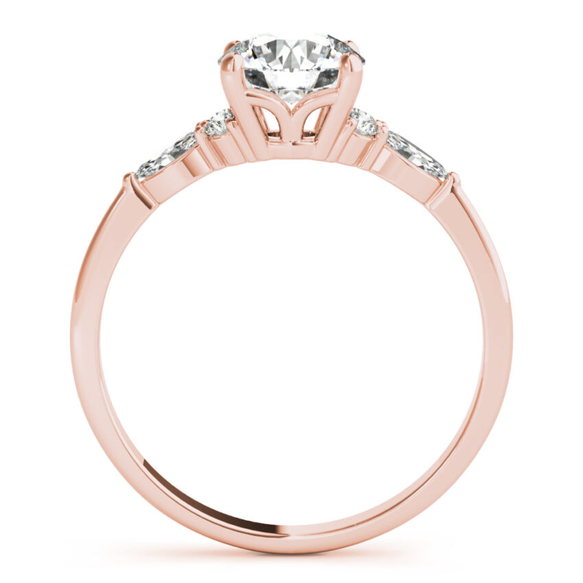 Side view of round cut diamond marquise and round cluster engagement ring rose gold