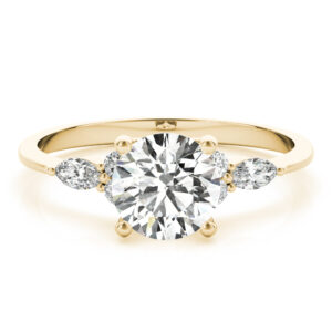 round cut diamond marquise and round cluster engagement ring in yellow gold