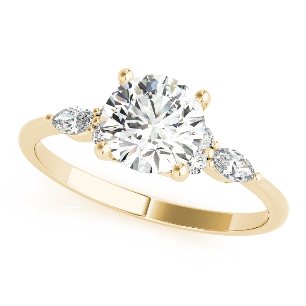 Angle view of round cut diamond marquise and round cluster engagement ring yellow gold