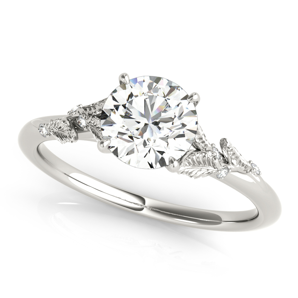 Angle view of round cut diamond nature inspired engagement ring palladium