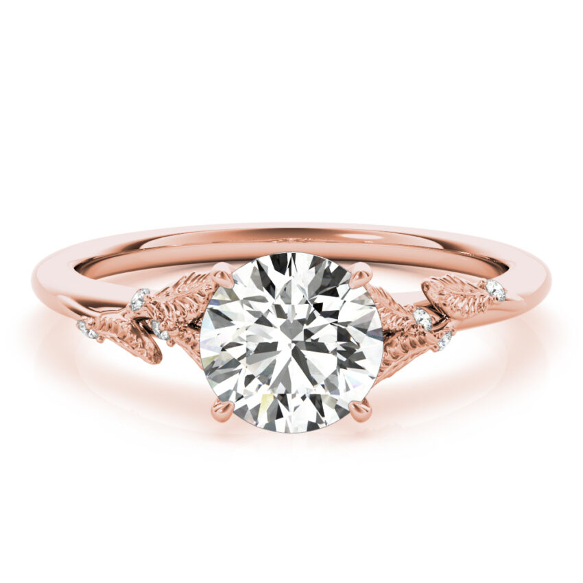 round cut diamond nature inspired engagement ring in rose gold