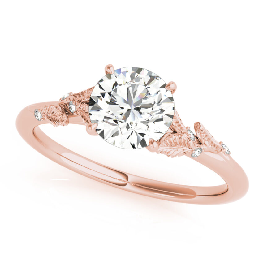Angle view of round cut diamond nature inspired engagement ring rose gold