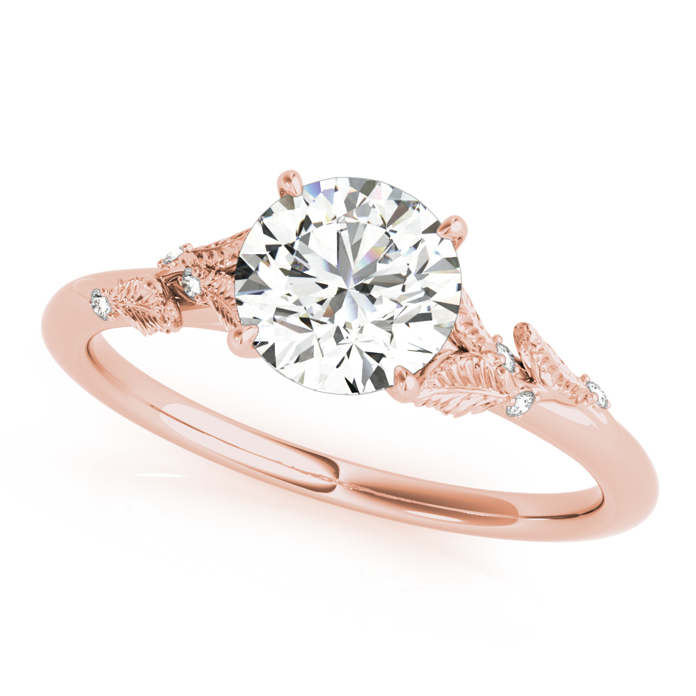 Angle view of round cut diamond nature inspired engagement ring rose gold