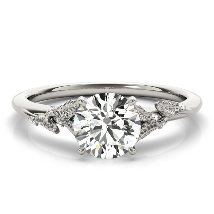 round cut diamond nature inspired engagement ring in white gold