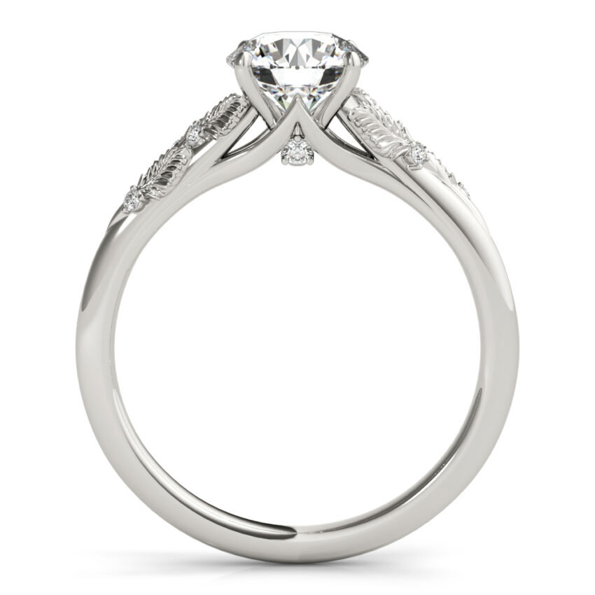 Side view of round cut diamond nature inspired engagement ring white gold