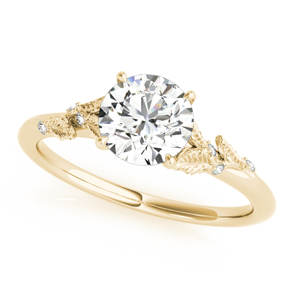 Angle view of round cut diamond nature inspired engagement ring yellow gold