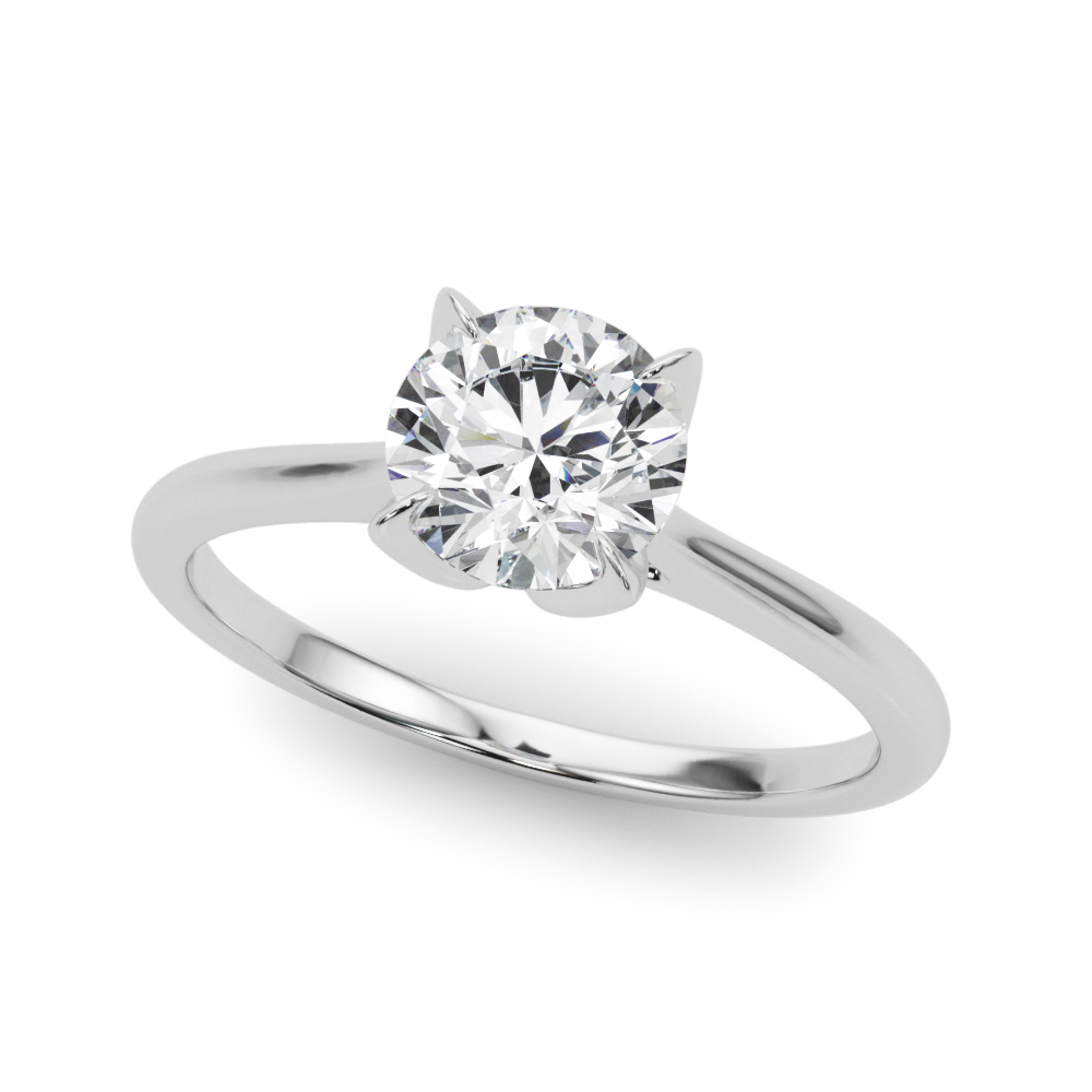 Angle view of round cut diamond simple petal solitaire engagement ring platinum