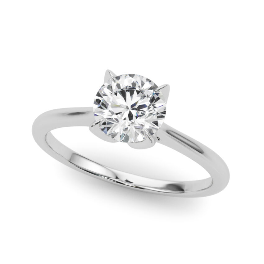 Angle view of round cut diamond simple petal solitaire engagement ring white gold