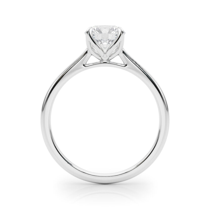 Side view of round cut diamond simple petal solitaire engagement ring white gold