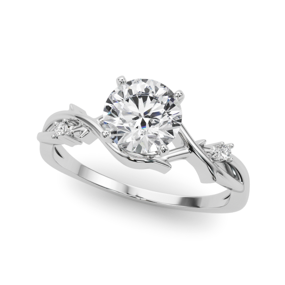 Angle view of round cut diamond thorn engagement ring palladium