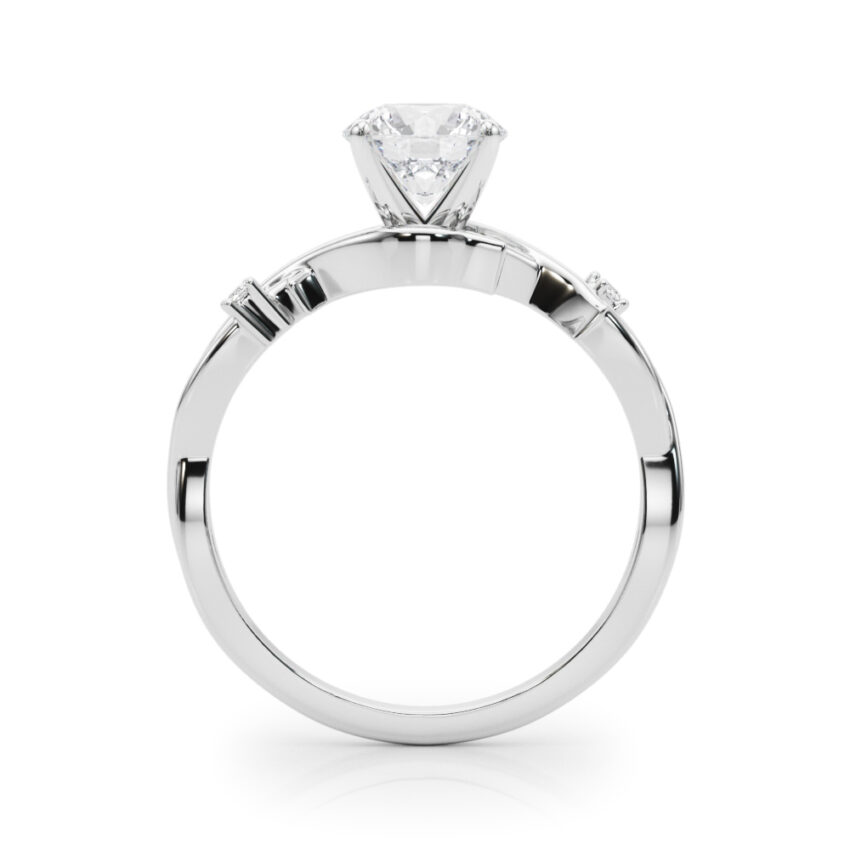 Side view of round cut diamond thorn engagement ring palladium
