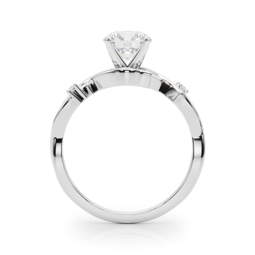 Side view of round cut diamond thorn engagement ring platinum