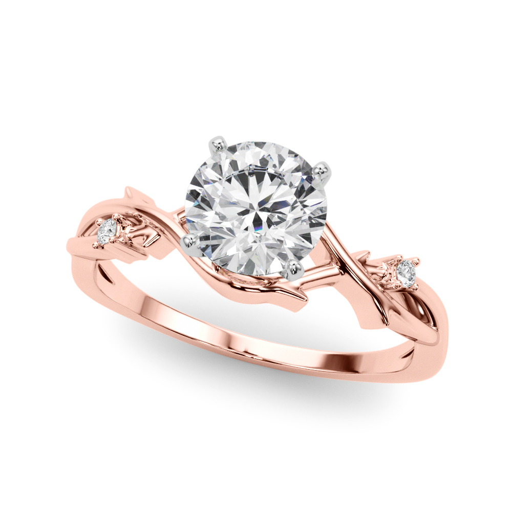 Angle view of round cut diamond thorn engagement ring rose gold