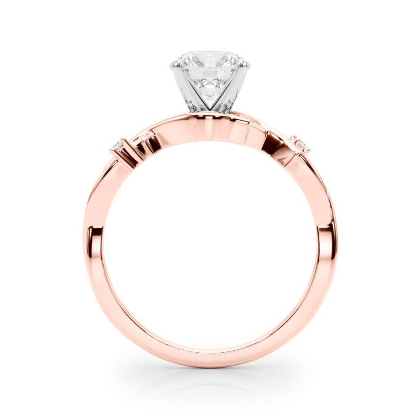 Side view of round cut diamond thorn engagement ring rose gold