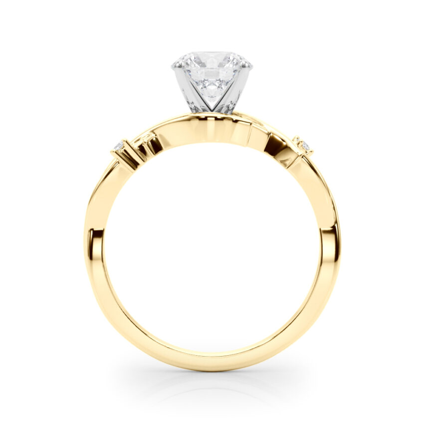 Side view of round cut diamond thorn engagement ring yellow gold